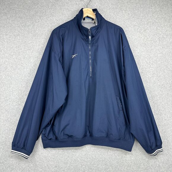 Vintage Reebok Windbreaker Mens Large Blue Pullover 1/4 Zip Jacket - Picture 1 of 16
